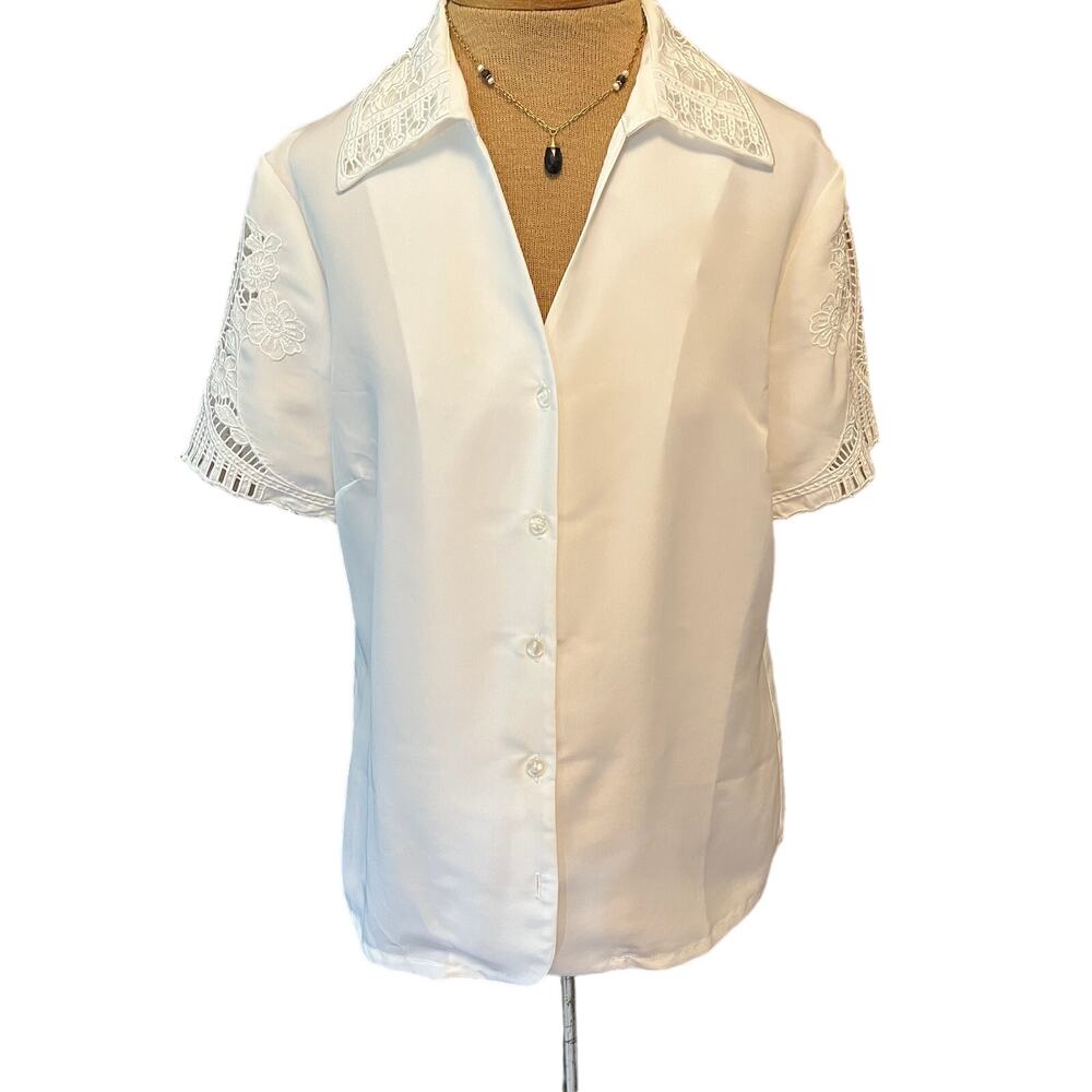 90s white cut out lace short sleeve womens blouse size 10, romantic summer